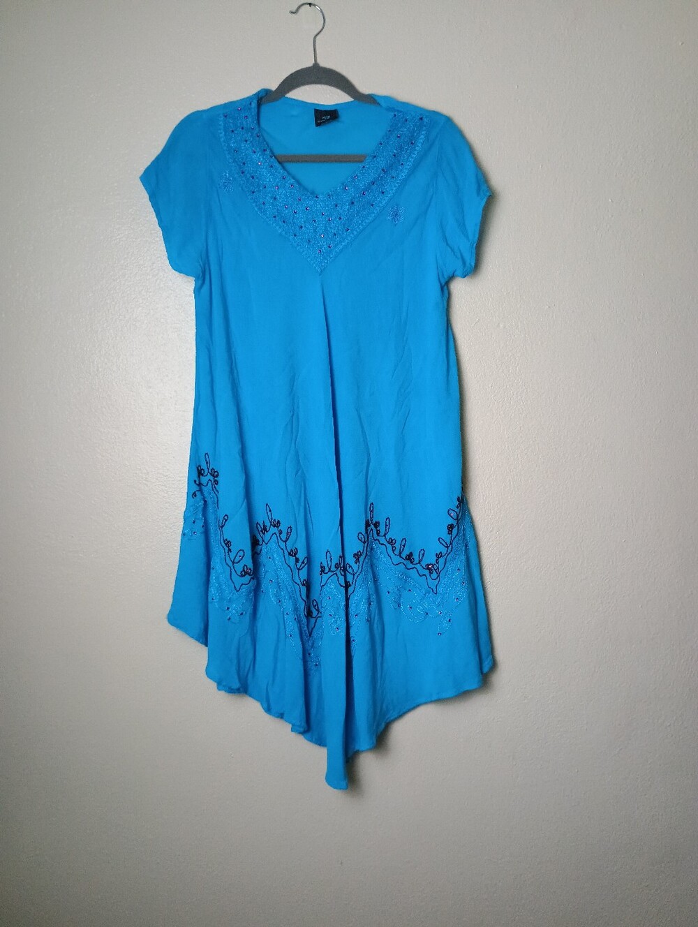 Blue Embroidered Handkerchief Hem Boho Dress/Tunic V-Neck Size 3X
